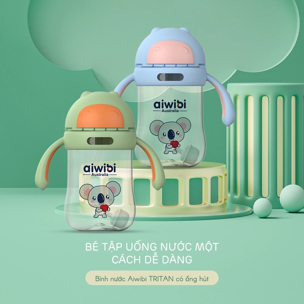 Bình uống nước cho bé Aiwibi 300ml - Màu xanh lá & Màu xanh