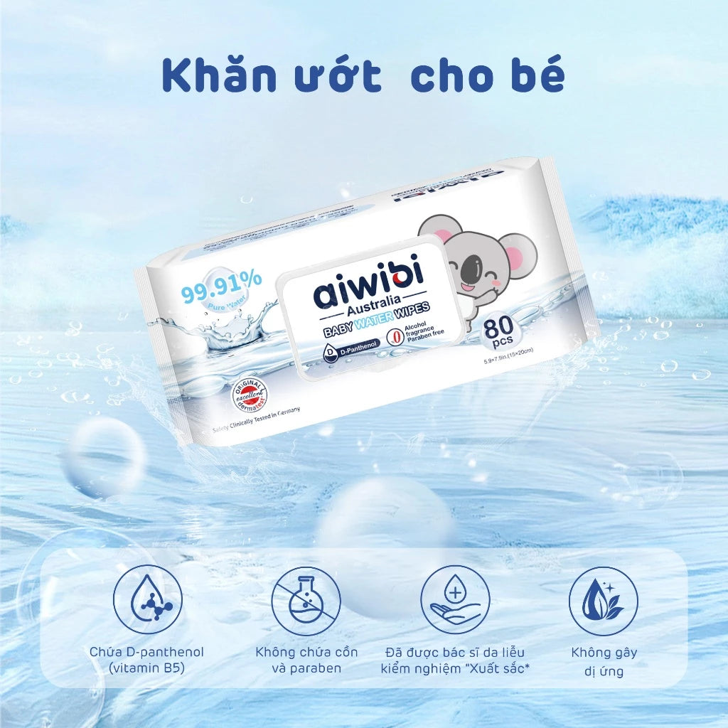 Khăn ướt Aiwibi 99.91% nước tinh khiết EDI, làm sạch dịu nhẹ cho da bé sơ sinh.