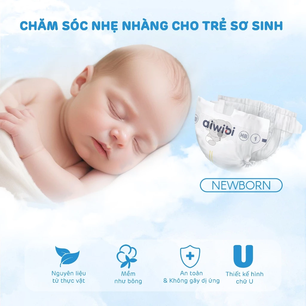 Một em bé nhỏ đang mặc tã dán Aiwibi sơ sinh và ngủ yên tĩnh.