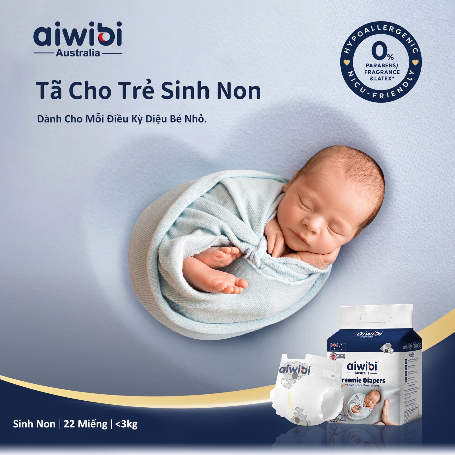 Tã/Bỉm Cho Trẻ Sinh Non Cao Cấp Aiwibi Siêu Thấm Hút, Chống Tràn - Gói Preemie 22 Miếng