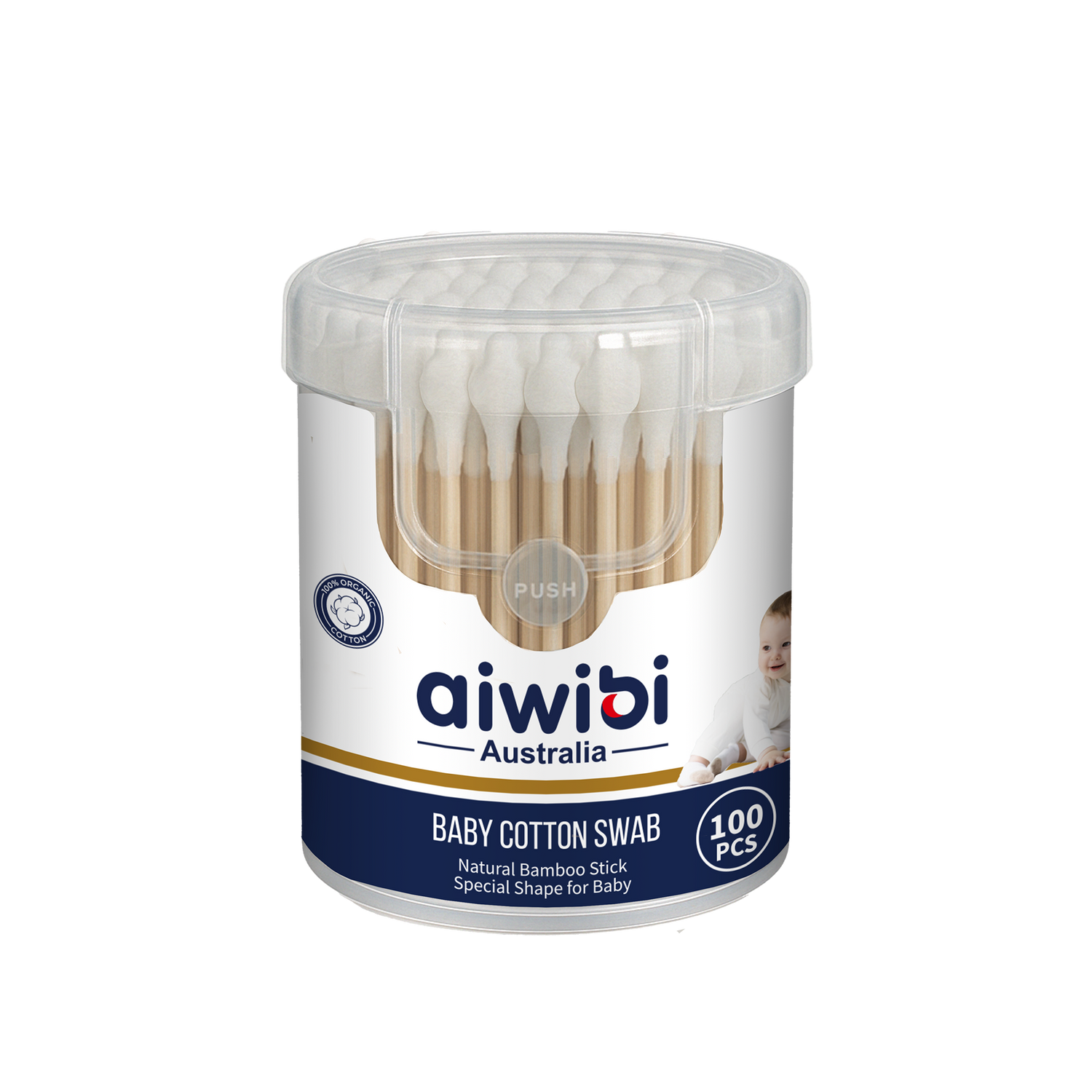 Tăm Bông Aiwibi Cao Cấp Cho Bé, Mềm Mịn, Thân Tre Linh Hoạt, 100% Bông Thiên Nhiên - 100 Cái/Hộp