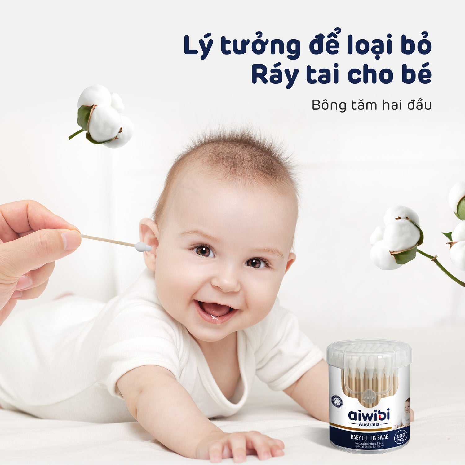 Tăm bông Aiwibi cho bé – 100 cái, bông thiên nhiên, mềm mịn