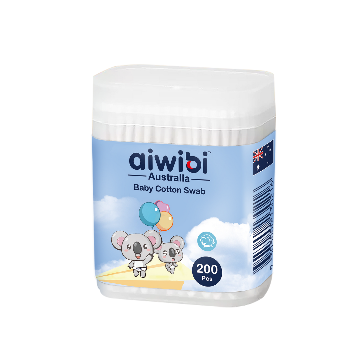 Tăm Bông Aiwibi Cao Cấp Cho Bé, Mềm Mịn, Thân Giấy Linh Hoạt, 100% Bông Thiên Nhiên - 200 Cái/Hộp