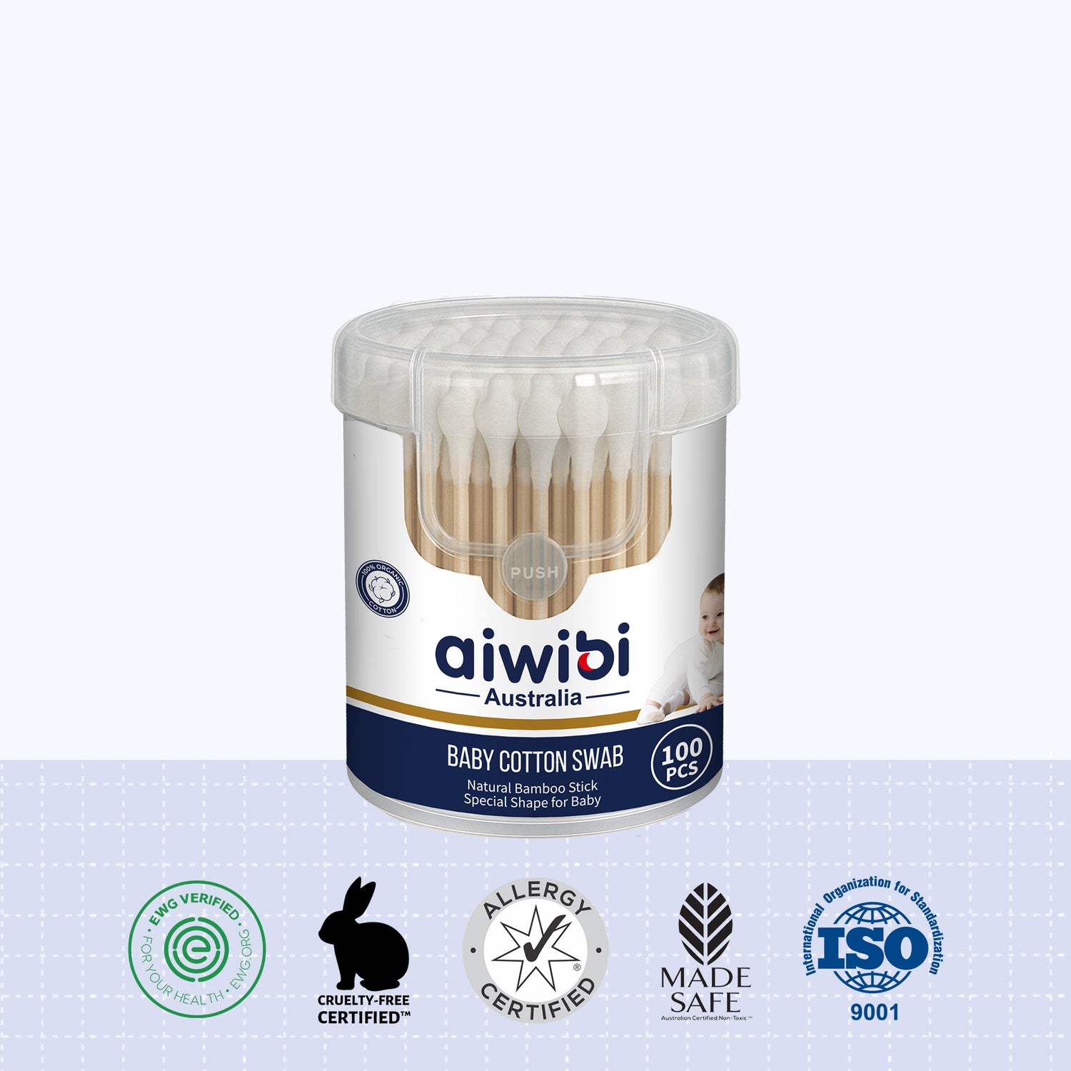 Tăm bông Aiwibi cho bé – 100 cái, bông thiên nhiên, mềm mịn