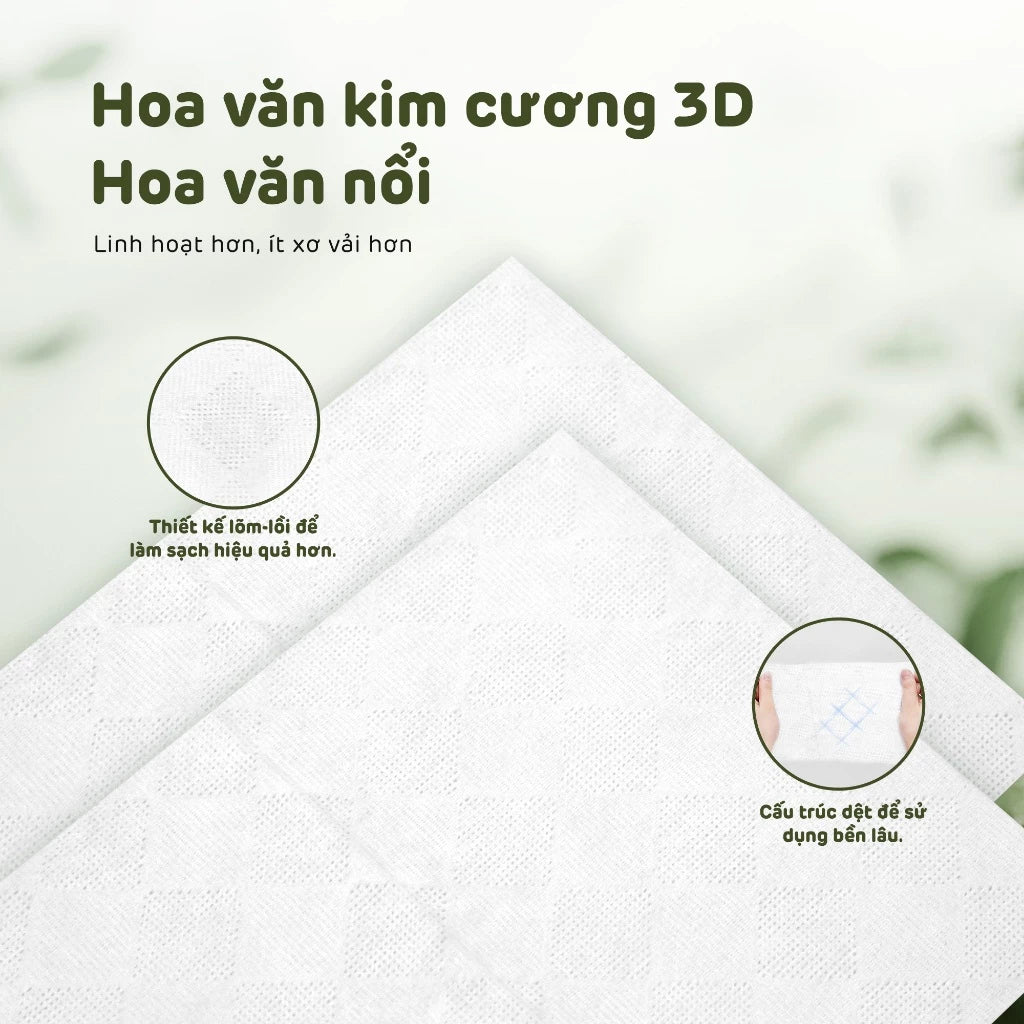 Hoa văn kim cương 3D tăng khả năng thấm hút, làm sạch sâu mà không trầy da.