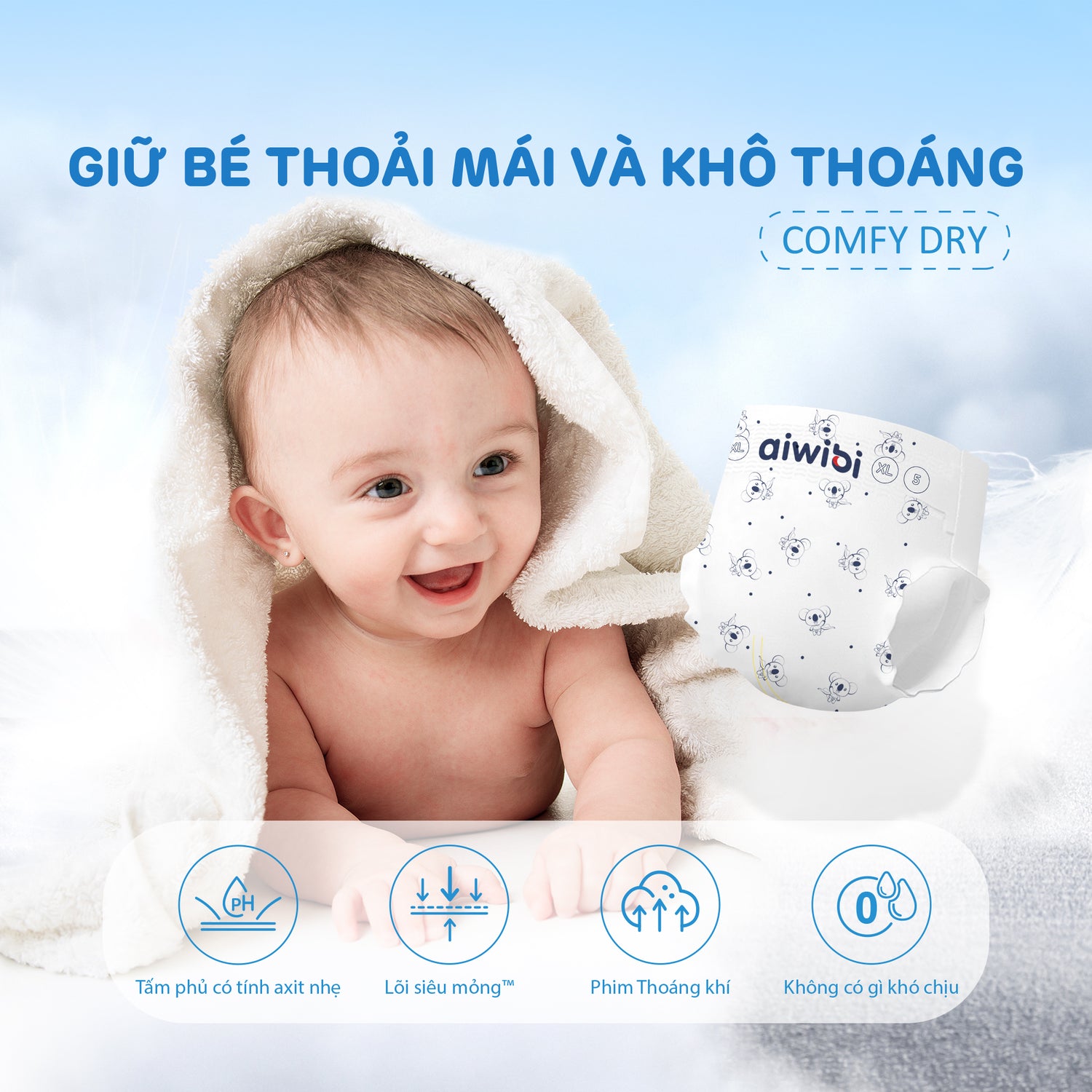 Em bé quấn trong khăn tắm với tã, có thương hiệu 'Aiwibi'.