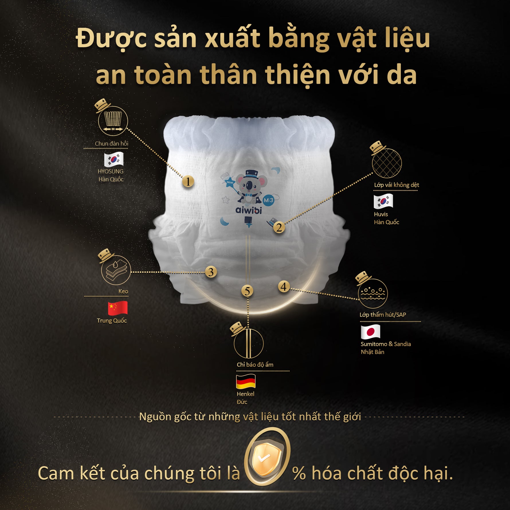 Tã quần Aiwibi Magic Comfort sử dụng 100% nguyên liệu cao cấp, an toàn tuyệt đối cho làn da nhạy cảm của bé.