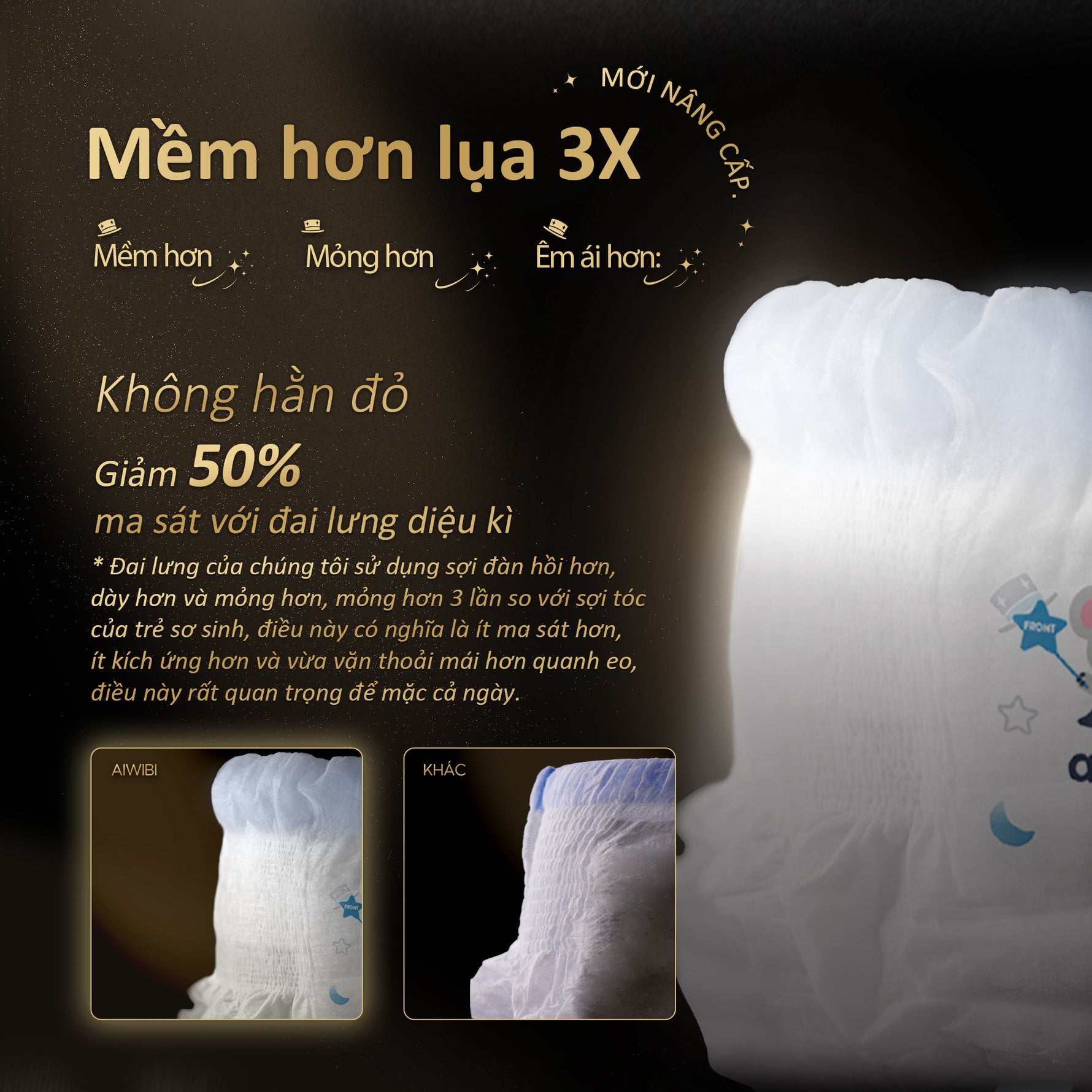 Tã Aiwibi sử dụng sợi siêu mịn 1.0 denier, mềm như lụa.
