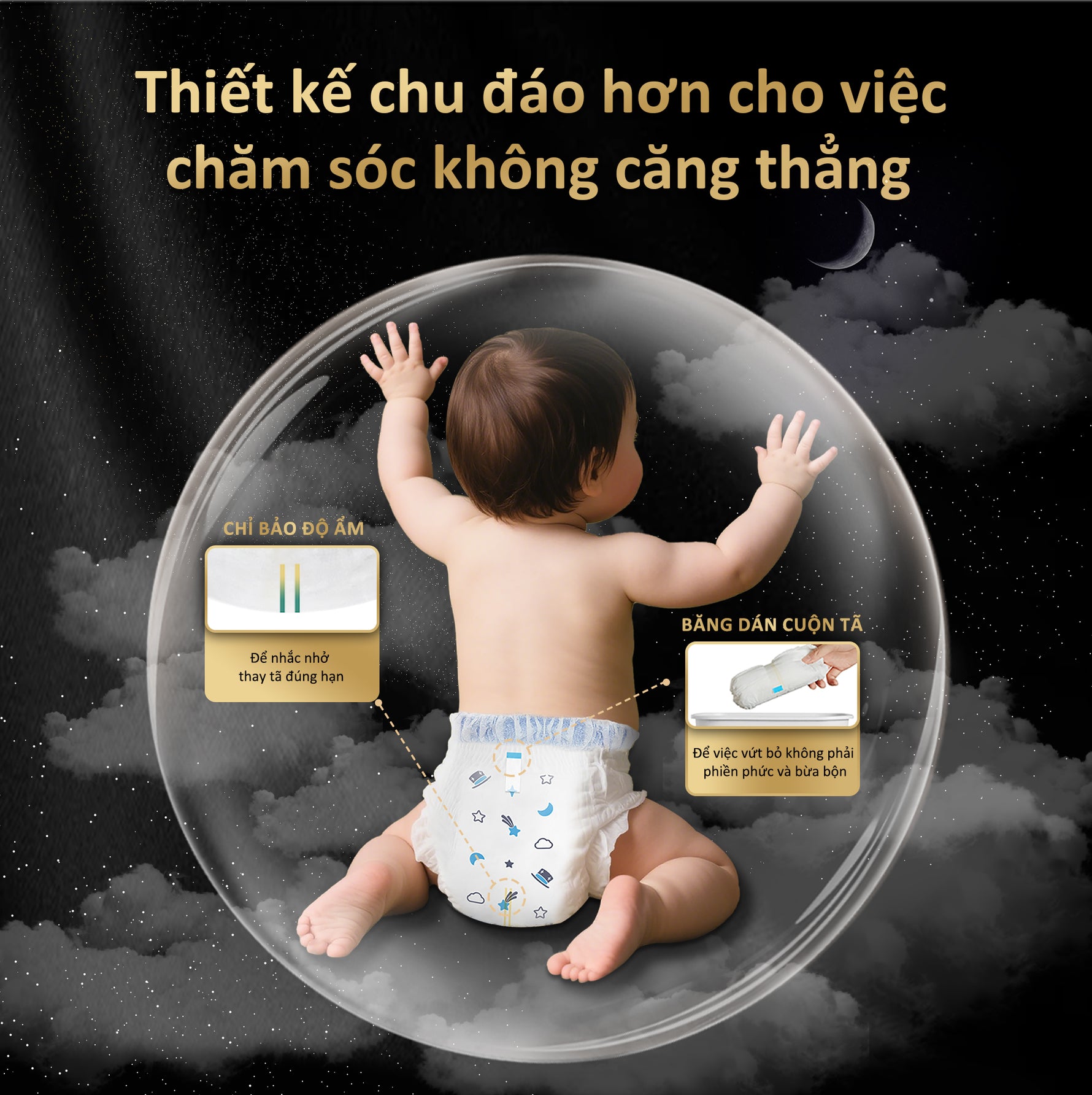 Tã Aiwibi có vạch chỉ thị ẩm đổi màu từ vàng sang xanh khi ướt.