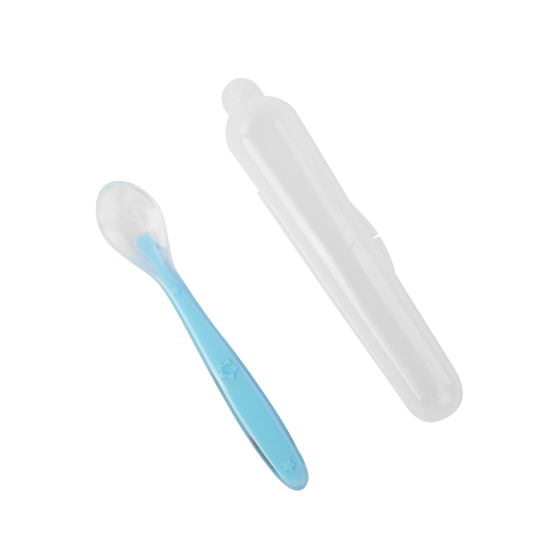 Thìa ăn dặm silicon mềm mại đựng trong hộp nhựa PP chống bụi - Thiết kế tiện lợi mang theo - màu xanh dương.